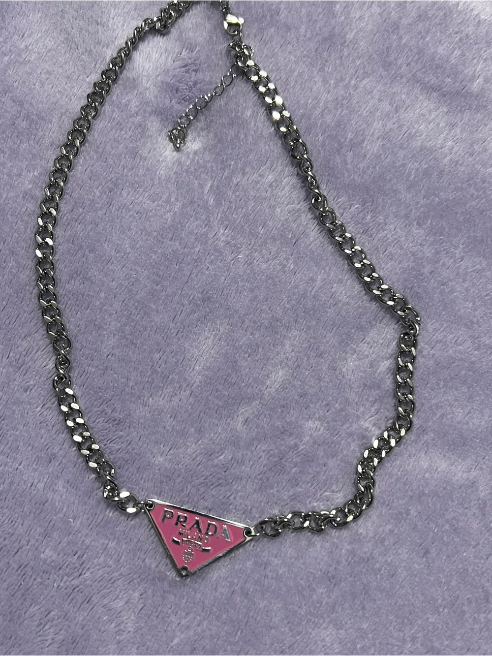 Upcycled HandmadePrada Silver-Tone Chain Necklace with Pink Triangle Logo Pendan